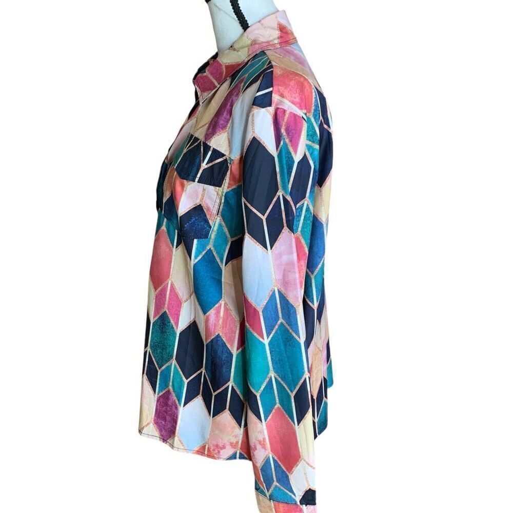 Geometric Pattern Multicolored Button-Up Blouse N… - image 4
